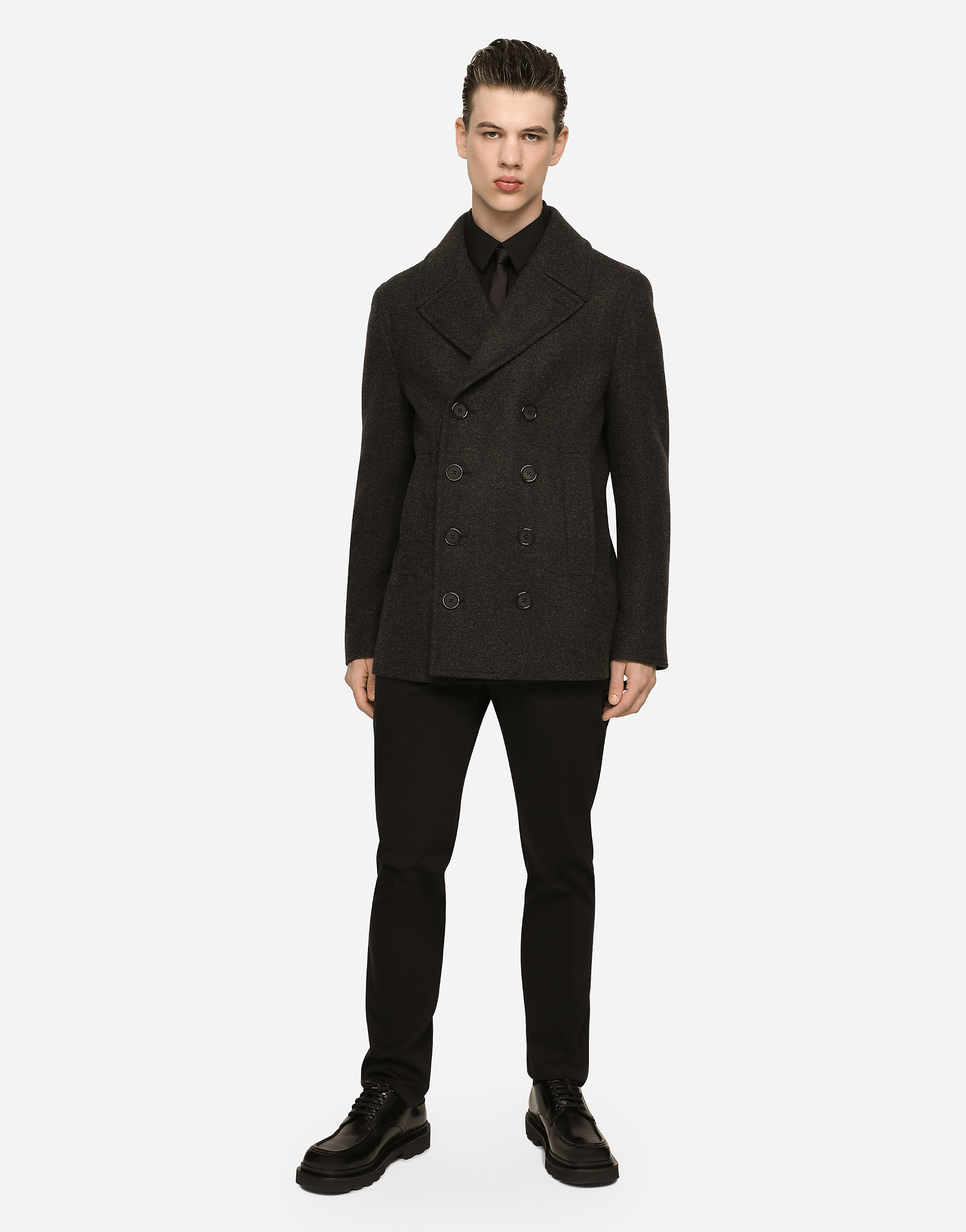 Shop Dolce & Gabbana Double-breasted Wool Pea Coat With Branded Tag In Grey