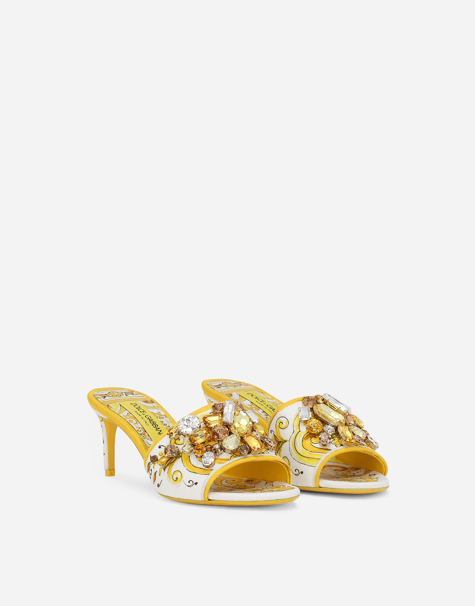 Shop Dolce & Gabbana Majolica-print Brocade Mules With Embroidery In Giallo