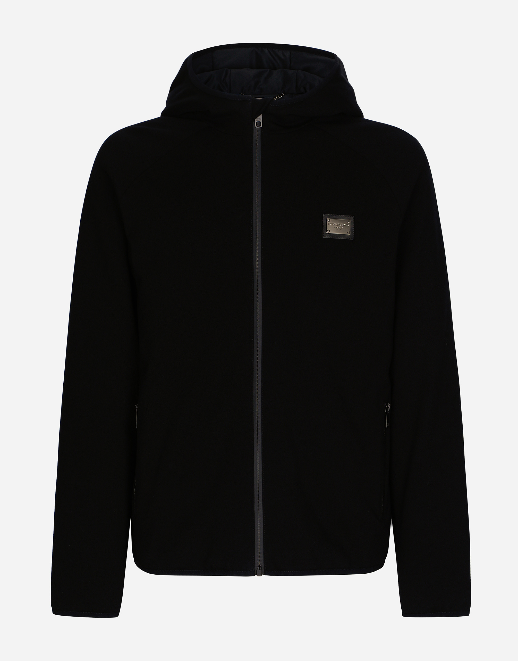 Shop Dolce & Gabbana Hooded Jersey Jacket With Branded Tag In Black