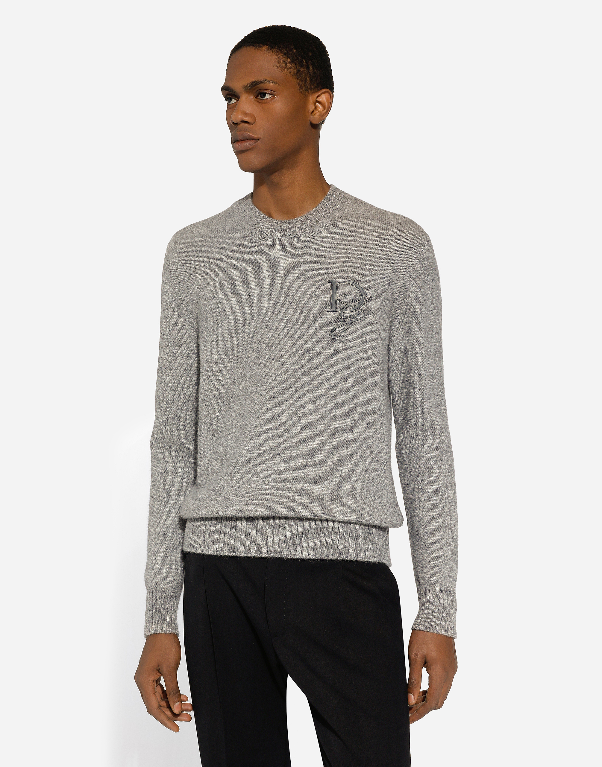 Shop Dolce & Gabbana Round-neck Wool Sweater With Dg Embroidery In Grey