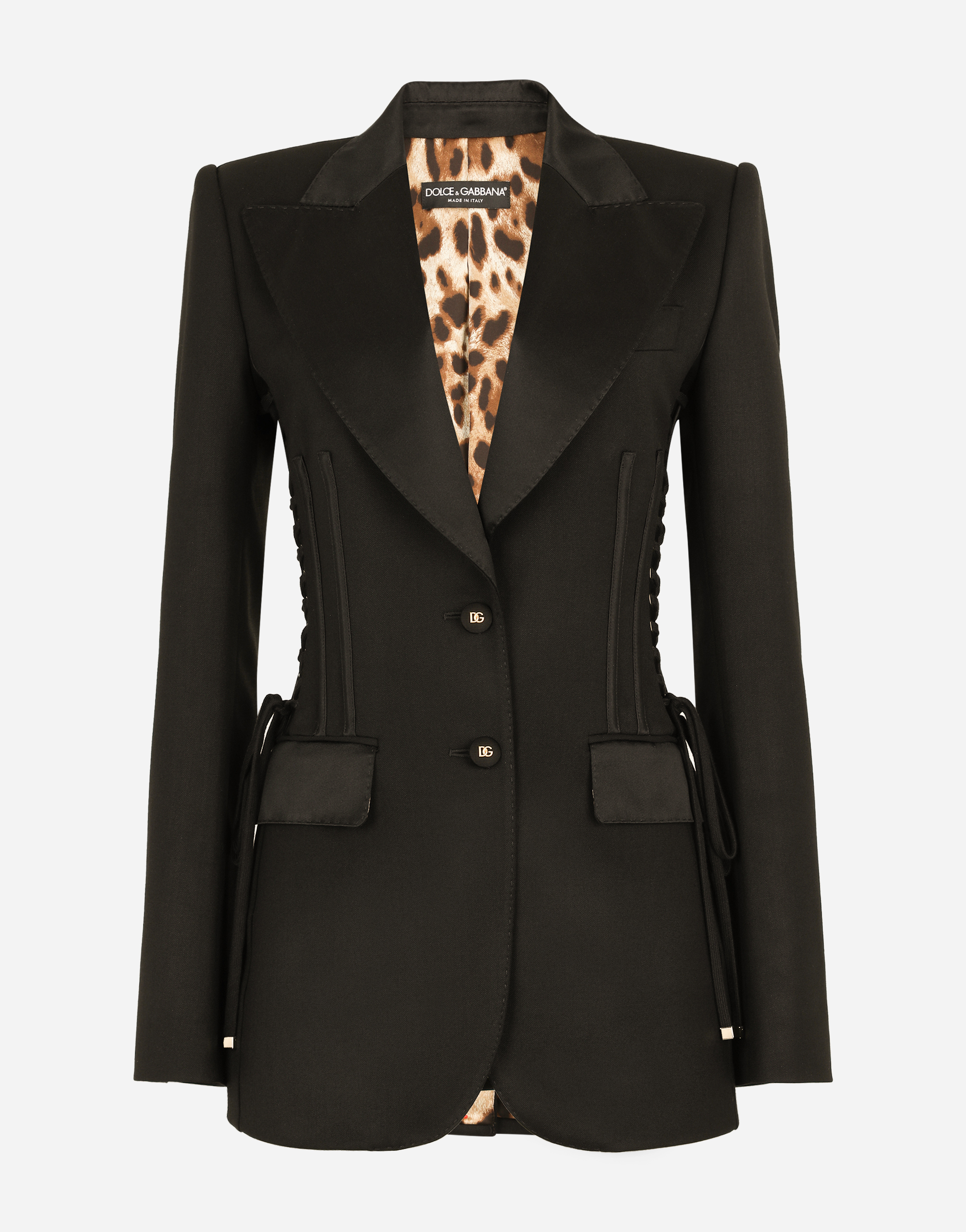 Single-breasted tuxedo gabardine jacket with lacing in Black for